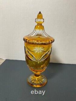 Amber Cut to Clear Bohemian Vase/Urn with Cover 10.5