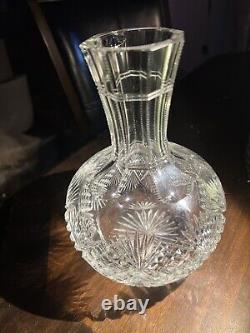 American Brilliant Cut Glass Water Carafe Starburst Diamond Fan Antique Decanter