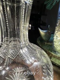 American Brilliant Cut Glass Water Carafe Starburst Diamond Fan Antique Decanter