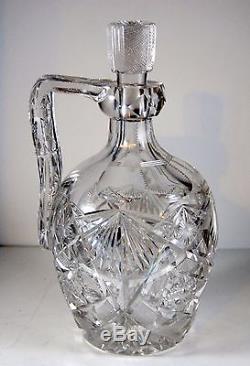 American Brilliant Cut Glass Whiskey Jug Decanter Handle 9 tall