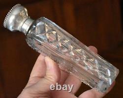 American Brilliant Period Cut Glass Lady's Flask With Sterling Silver Beaded Top