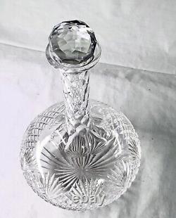 American Brilliant Period Strawberry Diamond Fan Cut Glass Crystal Wine Decanter