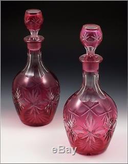 American Cranberry Cut Overlay Glass Decanters