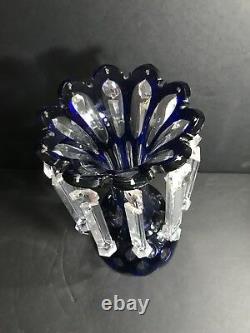 An Antique Blue Cobalt Cut To Clear Lamp With 10 Cut Clear Prisms Ca 1920