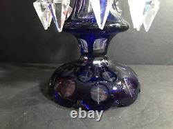 An Antique Blue Cobalt Cut To Clear Lamp With 10 Cut Clear Prisms Ca 1920