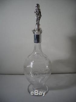 An Antique Etched Glass & Silver Decanter w. Figural Stopper London 1898