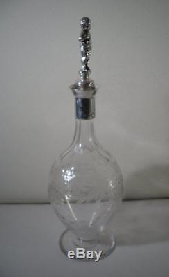 An Antique Etched Glass & Silver Decanter w. Figural Stopper London 1898