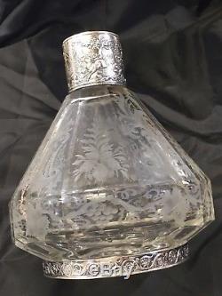 Antique 1800's Cut Crystal Etched Faceted Decanter 800 Sterling Silver Germany