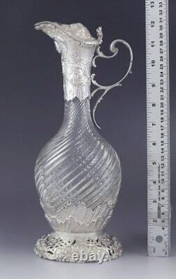 Antique 1892 Ornate Rococo Dutch Silver Cut Glass Crystal Ewer Decanter Pitcher