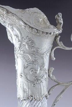 Antique 1892 Ornate Rococo Dutch Silver Cut Glass Crystal Ewer Decanter Pitcher