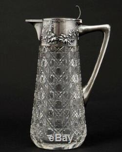 Antique 1900s Cut Glass Pitcher Wilhelm Binder 800 German Silver Grapevines 9 T
