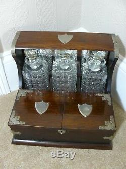 Antique 1909 Three Cut Glass Bottle Decanters Oak Cased Tantalus- All Original