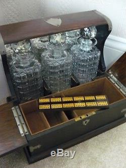 Antique 1909 Three Cut Glass Bottle Decanters Oak Cased Tantalus- All Original