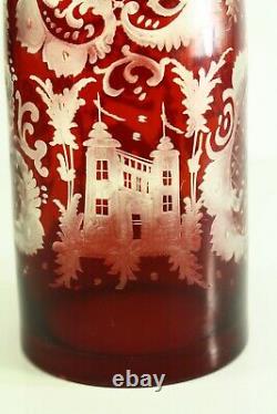 = Antique 19th c. Crystal Decanter Red Cut to Clear Bohemian Glass, Castles Deer