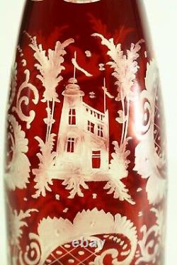 = Antique 19th c. Crystal Decanter Red Cut to Clear Bohemian Glass, Castles Deer