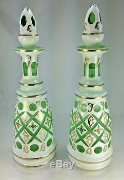 Antique 2 Bohemian Moser Decanters Green Cut to Clear Opalescent Gold Gilt