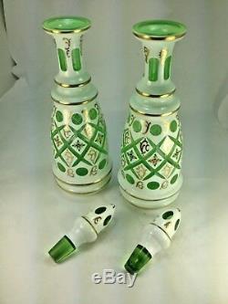 Antique 2 Bohemian Moser Decanters Green Cut to Clear Opalescent Gold Gilt