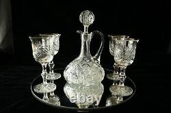 Antique American Brilliant Cut Crystal ABP Decanter Carafe with 4 glasses