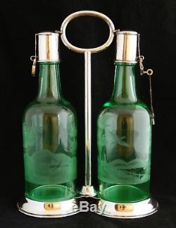 Antique American Brilliant Cut Glass Engraved Green Crystal Abp Hawkes Decanters