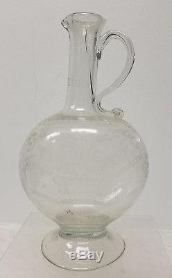 Antique American Dutch Colonial Style Engraved Cut Blown Glass Pitcher Decanter