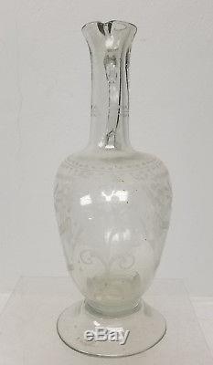 Antique American Dutch Colonial Style Engraved Cut Blown Glass Pitcher Decanter