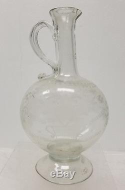 Antique American Dutch Colonial Style Engraved Cut Blown Glass Pitcher Decanter