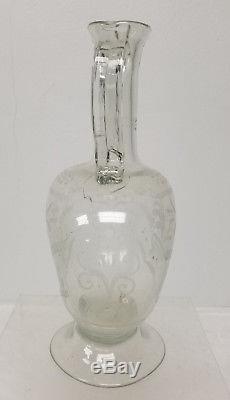 Antique American Dutch Colonial Style Engraved Cut Blown Glass Pitcher Decanter