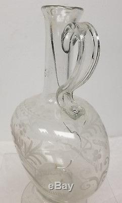 Antique American Dutch Colonial Style Engraved Cut Blown Glass Pitcher Decanter