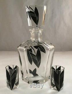 Antique Art Deco Black Enamel Faceted Cut Glass Decanter Set Czechoslovakia