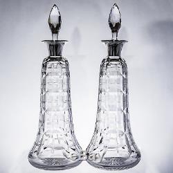 Antique Art Deco Crystal Wine Decanters Sterling Silver Collars Pair c1920