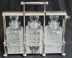Antique Atkin Bros Sheffield Silver Plated Tantalus Hobnail Cut Glass Decanters