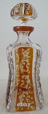 Antique BOHEMIAN DECANTER 10 1/2 AMBER APRICOT ORANGE & CLEAR CUT CRYSTAL