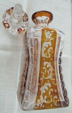 Antique BOHEMIAN DECANTER 10 1/2 AMBER APRICOT ORANGE & CLEAR CUT CRYSTAL