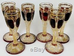 Antique BOHEMIAN MOSER Glass DECANTER SET Cordials Burgundy Gold CUT TO CLEAR