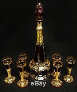 Antique BOHEMIAN MOSER Glass DECANTER SET Cordials Burgundy Gold CUT TO CLEAR