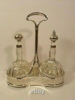 Antique Barbour Sterling Silver & Cut Glass Tantalus, Silver Overlay Stoppers