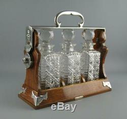 Antique Betjamanns Patent London Oak 3 Bottle Triple Decanter Locking Tantalus