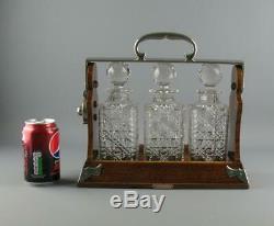 Antique Betjamanns Patent London Oak 3 Bottle Triple Decanter Locking Tantalus