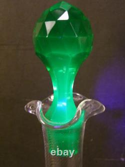 Antique Blown Crystal Swirl Vaseline Green Cut Facet Liquor Bottle Decanter RARE
