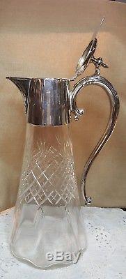 Antique Blown and Cut Crystal Glass Silver Tall Wine Claret Jeg Pitcher Decanter