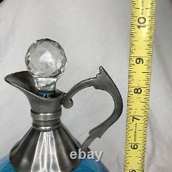 Antique Blue Diamond Etched Cut Glass Wine Water Jug Pewter Decanter Claret Jug