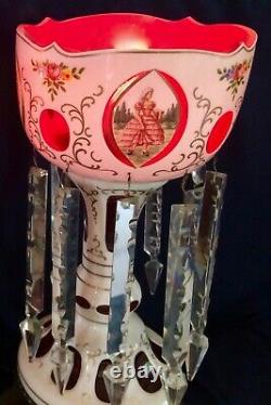 Antique Bohemian 18 Mantle Luster Lamp. White Cut-to-Cranberry, Crystal Prisms