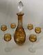 Antique Bohemian Amber Cut To Clear Crystal Decanter &6 Cordial Glasses Set Rare