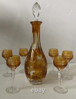 Antique Bohemian Amber Cut to Clear Crystal Decanter &6 Cordial Glasses Set RARE