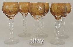 Antique Bohemian Amber Cut to Clear Crystal Decanter &6 Cordial Glasses Set RARE