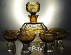 Antique Bohemian Amber to Clear Cut Glass Decanter/Carafe Set/6 glasses/Nový Bor