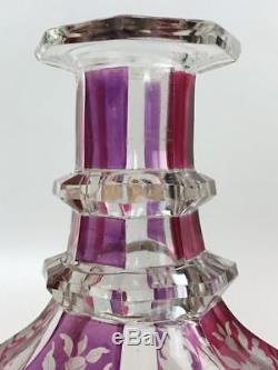 Antique Bohemian Amethyst Cranberry Cut to Clear Crystal Etched Decanter Bottle