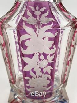 Antique Bohemian Amethyst Cranberry Cut to Clear Crystal Etched Decanter Bottle