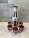 Antique Bohemian Bohimia Decanter Set White Overlay Cut To Cranberry Red Glass