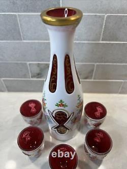 Antique Bohemian Bohimia Decanter Set White Overlay Cut To Cranberry Red Glass